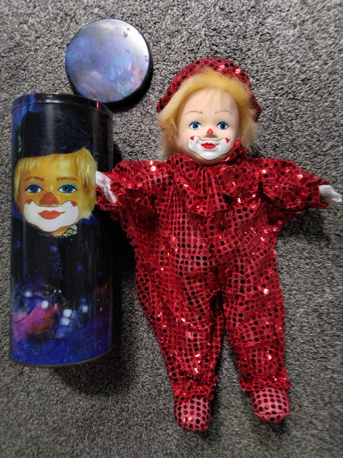 Lucy’s Clown in a Tin Can vintage collectable red Clown Doll HTF Lucy’s Clown in a Tin Can vintage collectable red Clown Doll HTF