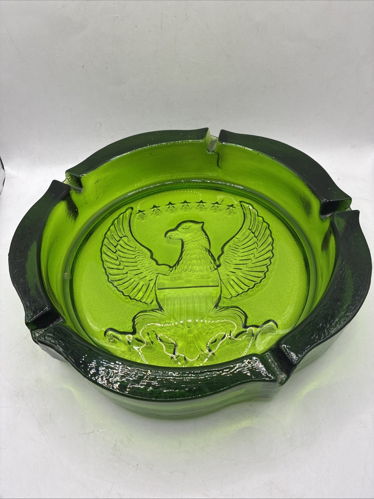 Vintage Green Glass Eagle Ashtray 10” Patriotic Federal Style – Never Used