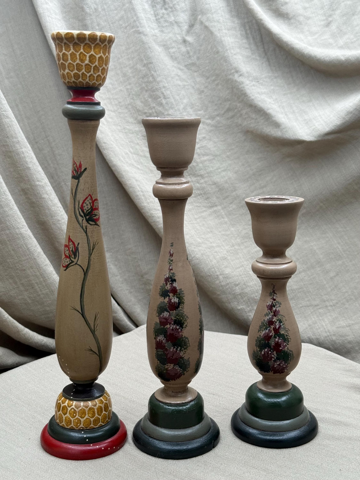 Painted Wood Candlesticks Set of 3 PAC Folk Floral 11 Inches