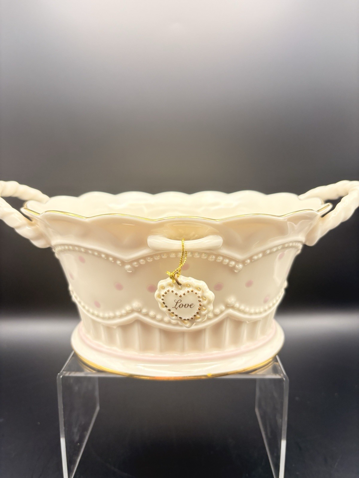 Lenox “Pretty Polka Dot” Oval Porcelain Basket With Love Heart Charm 9”x6”