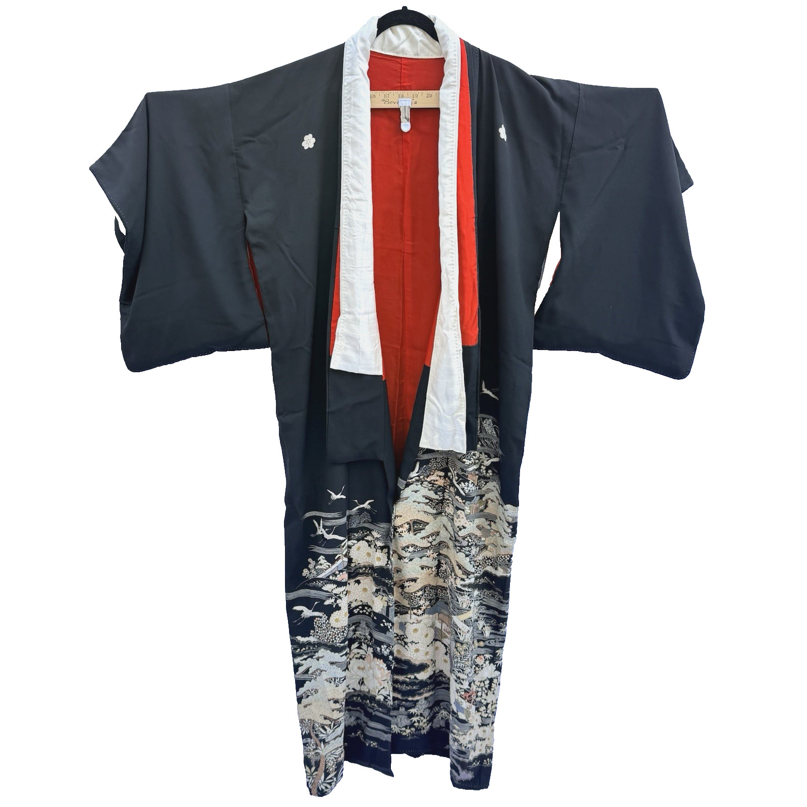 Japanese Black Kurotomesode Kimono Silk Trad'l Vtg Gardens Cranes Red Lining