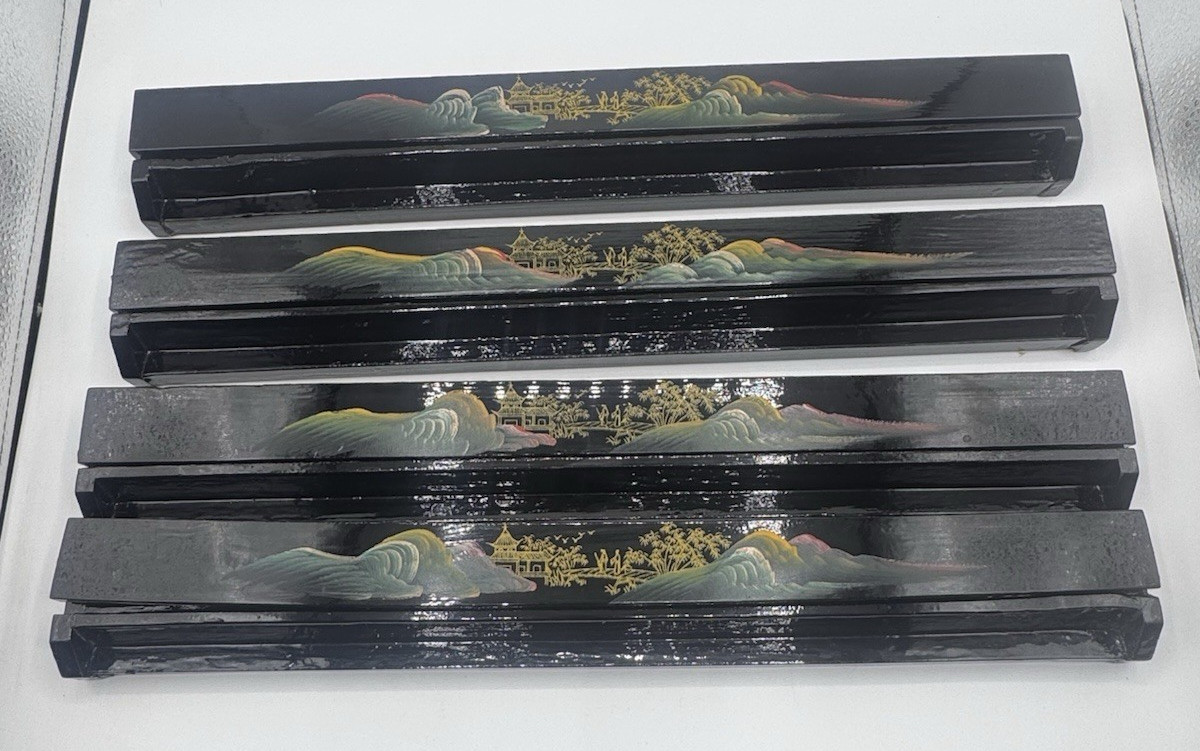 4 Vintage Chinese Hand painted Black Lacquered Mahjong Tile Holders