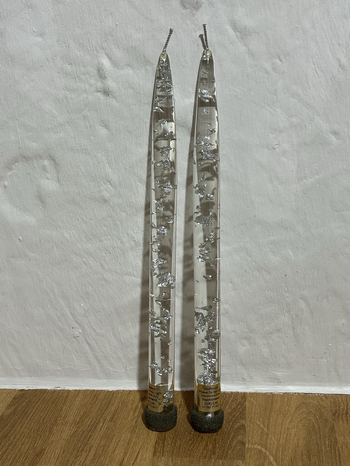 2 x VTG 1960s Clear Lucite Tapered Candles with Silver Foil Flecks by Nachtmann