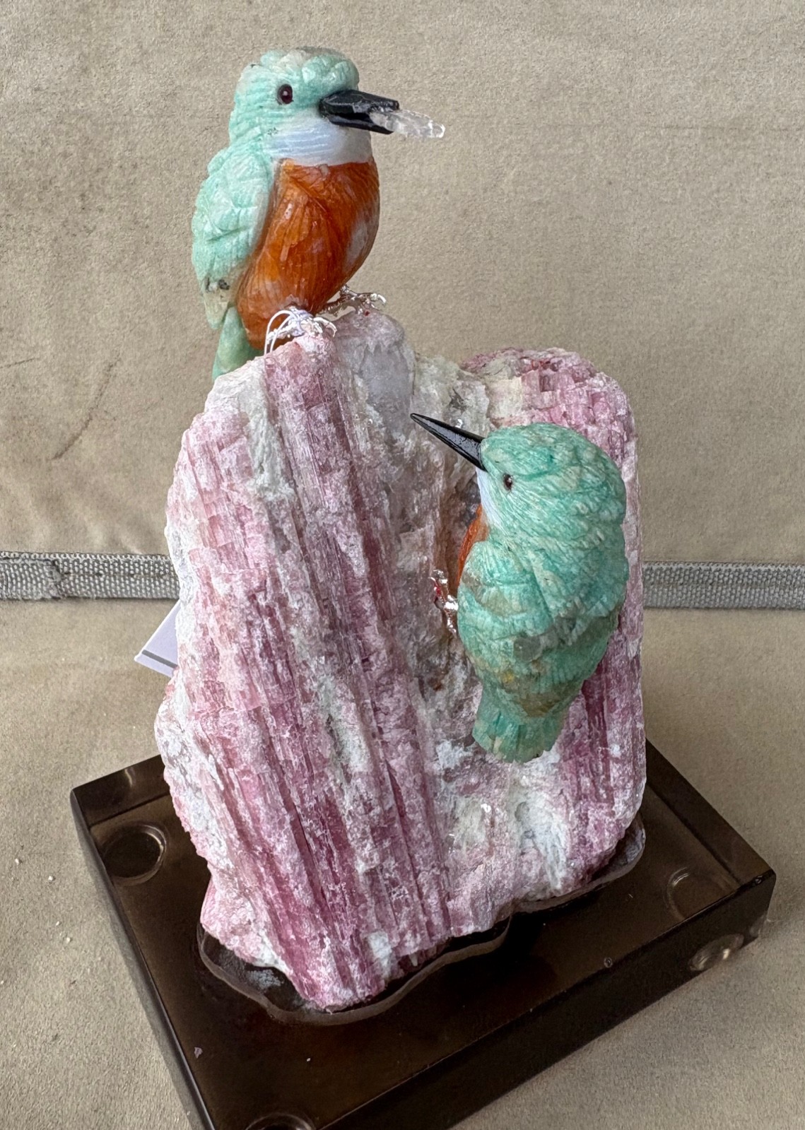 Amazonite and Orange Calcite Kingfisher Pair \