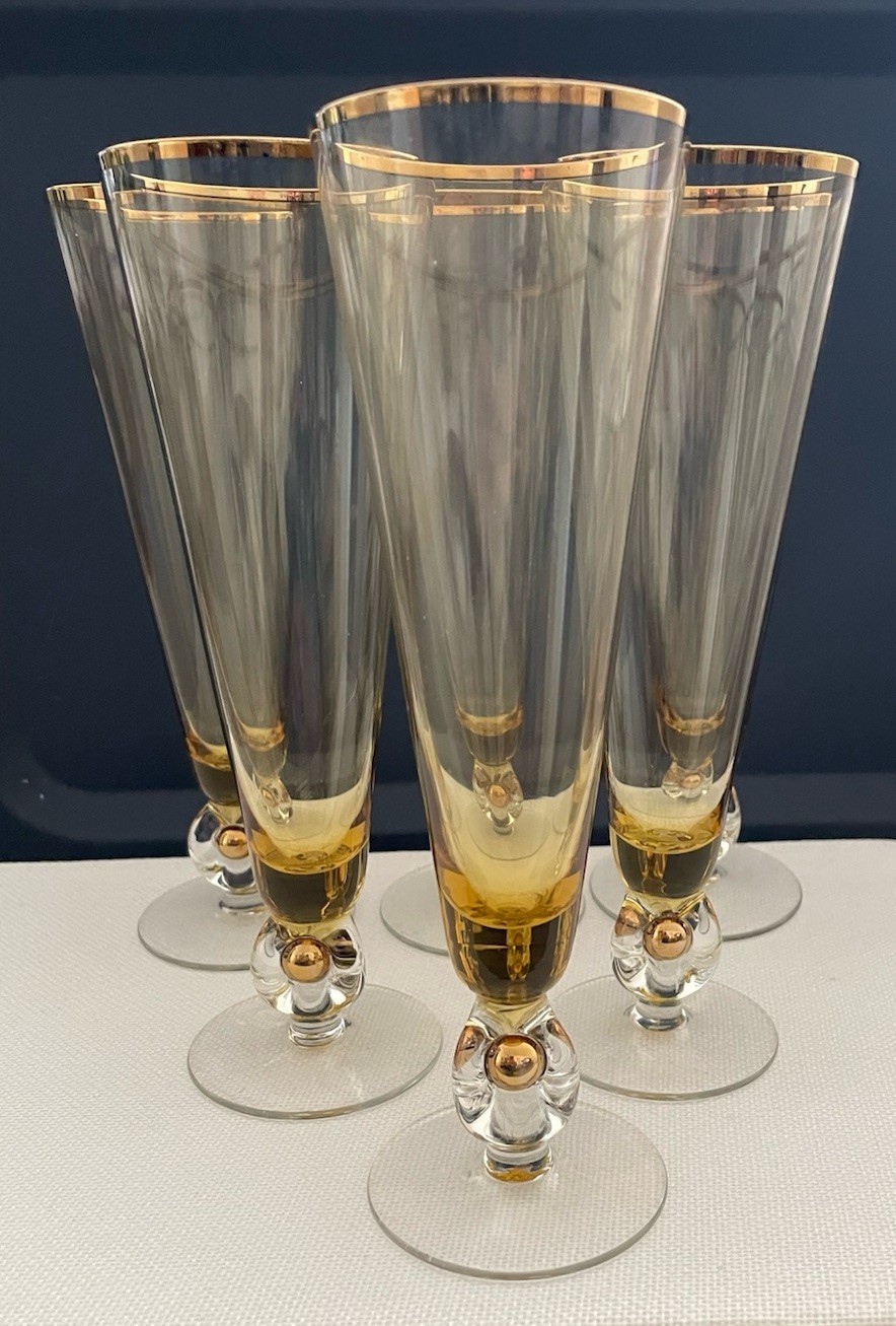 Atlas Amber Mid-Century Czech Handblown Flute Pilsner Glasses Gold Rim & Ball
