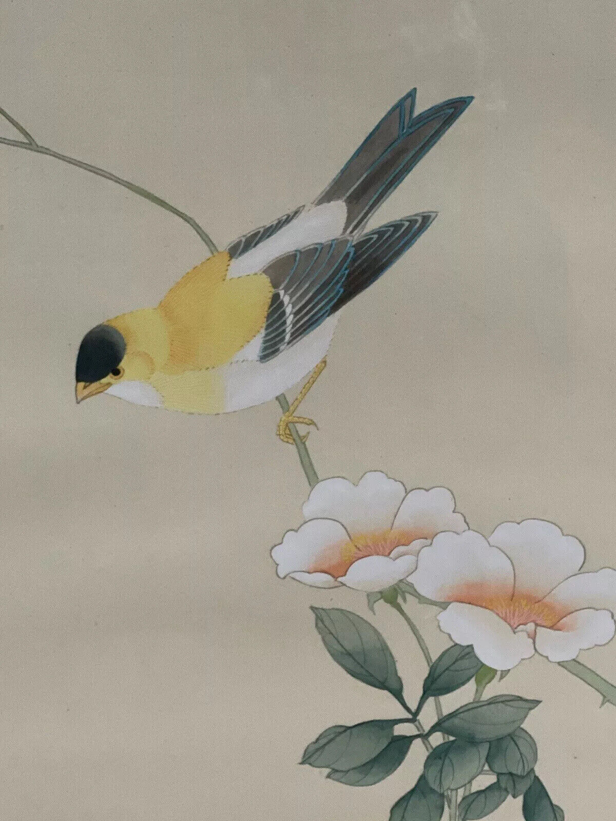 ANTIQUE FRAMED CHINESE HAND PAINTED BIRD FLOWERS ON SILK STUNNING 21.5X17.5”