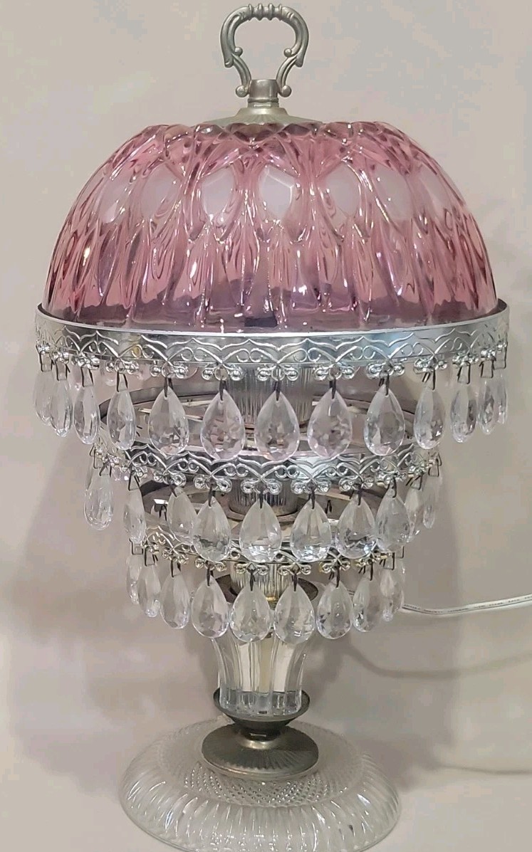Vintage Michelotti Boudoir Mantle Lamp 4-Tier Cranberry Glass Shade, Prisms 16