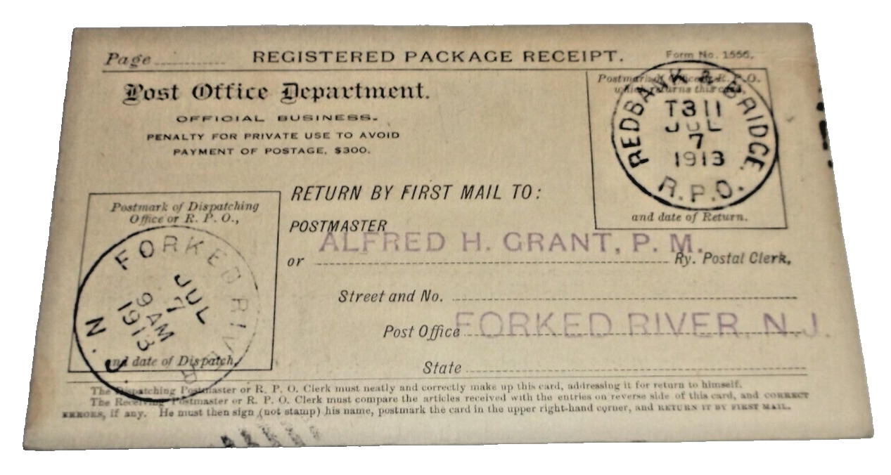 JULY 1913 CENTRAL RAILROAD OF NEW JERSEY CNJ RED BANK & BRIDGETON #311 RPO