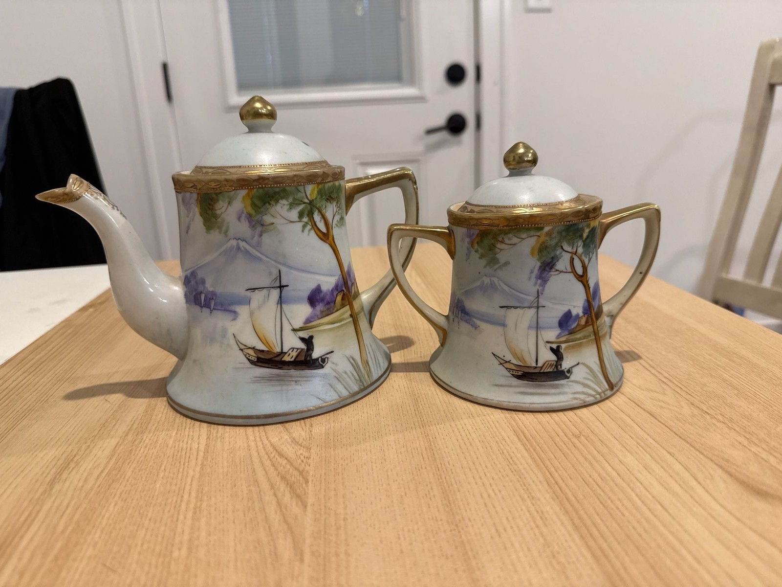 Antique Shofu Nagoya Nippon Hand-Painted Teapot and Sugar Bowl Set, Mt. Fuji Sce