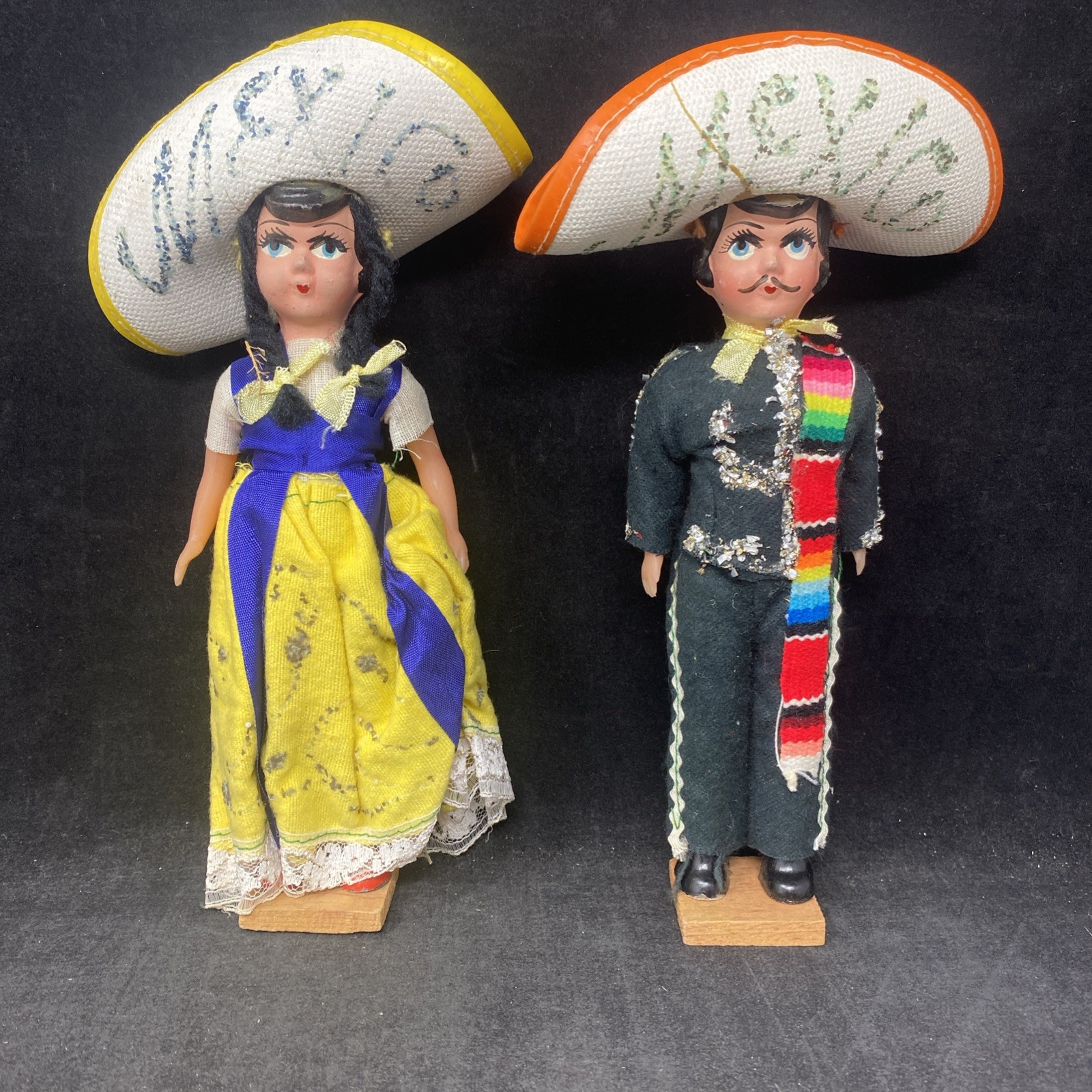 Pair Of 9” Vintage Mexico Folk Art Souvenir Dolls
