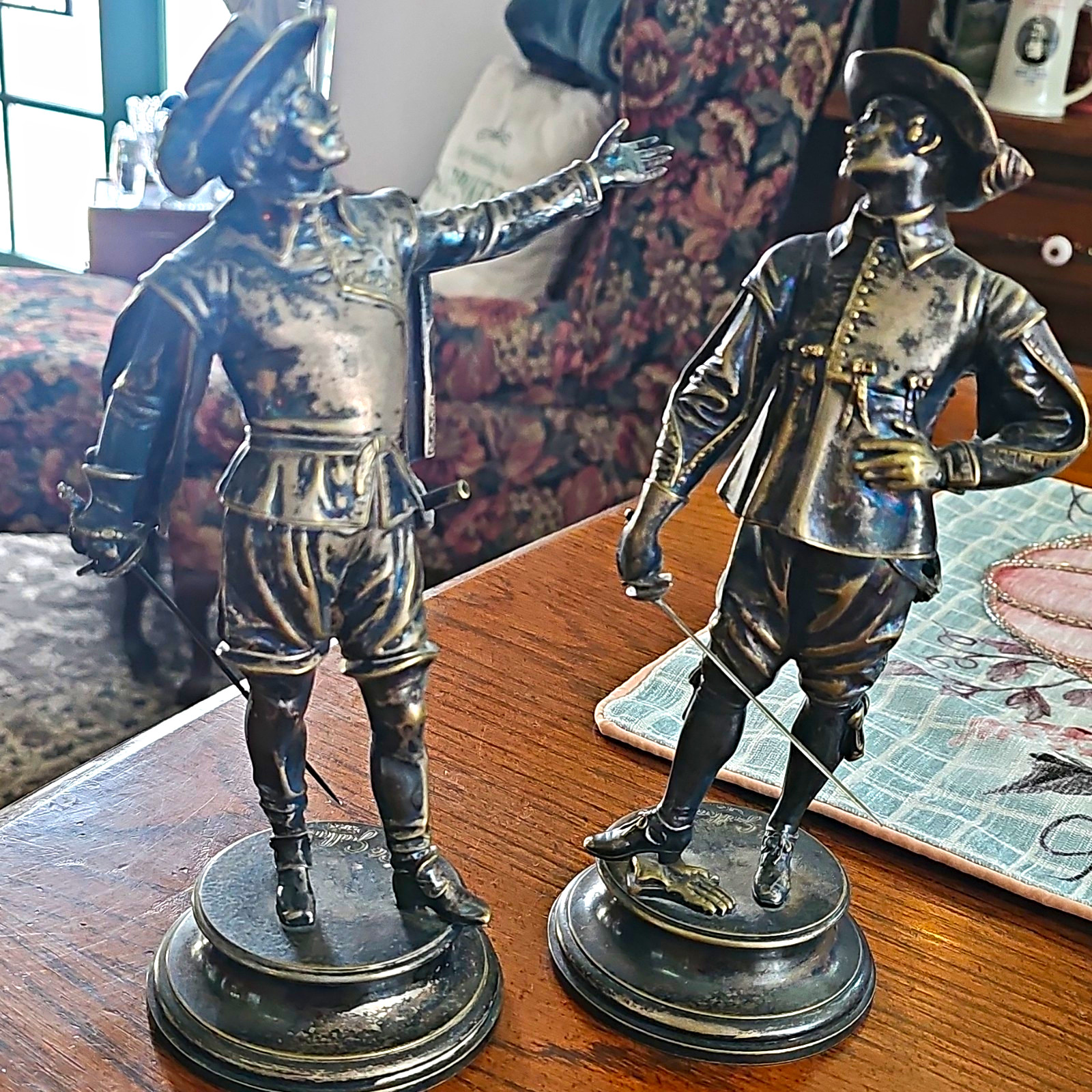 E. Guillemin Richelieu Signed Metal Figurines Pair, Antique Finish 1900-1919