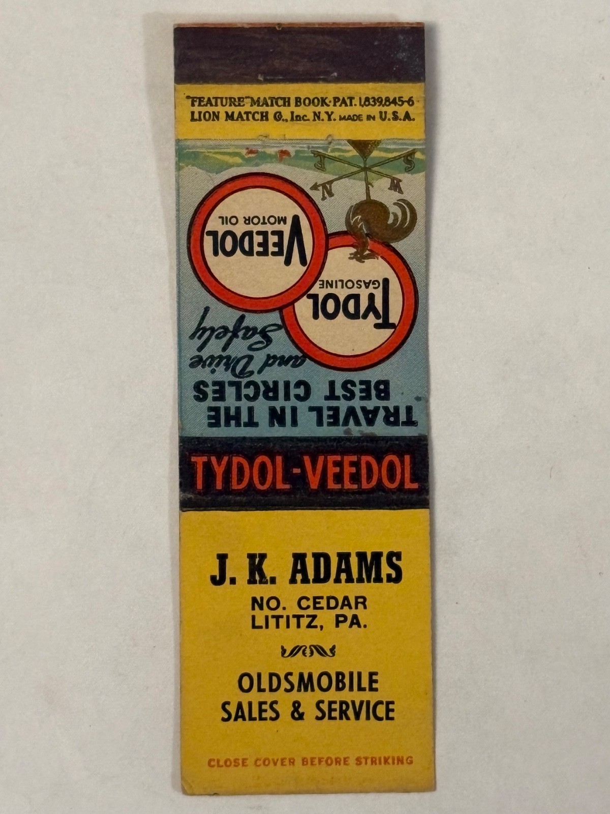 JK Adams Oldsmobile Sales & Service Flat Matchbook Cover Lititz PA Tydol Veedol JK Adams Oldsmobile Sales & Service Flat Matchbook Cover Lititz PA Tydol Veedol