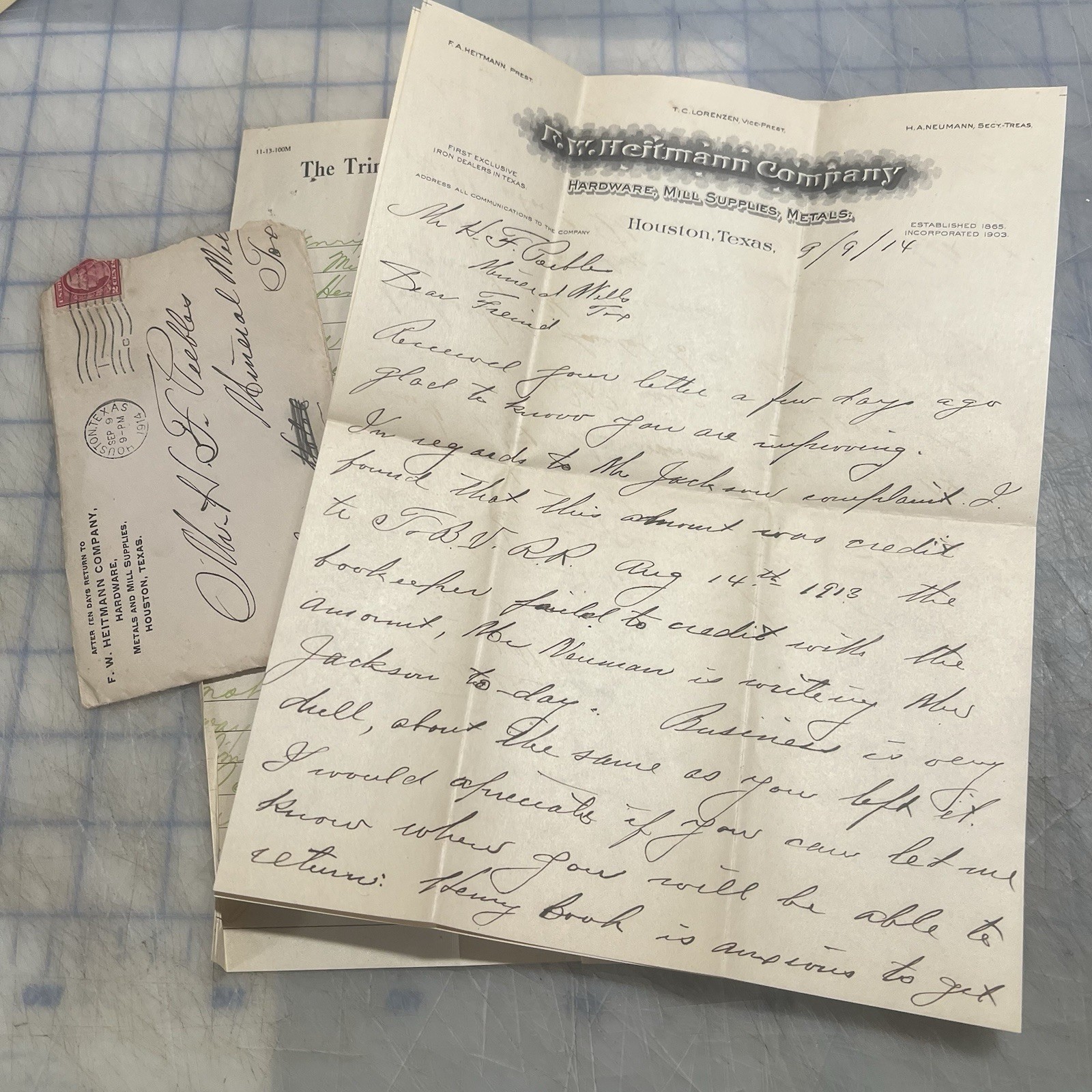 1914 Houston Texas Letter & Envelope F.W. HEITMANN CO Hardware PIERCE ARROW Auto
