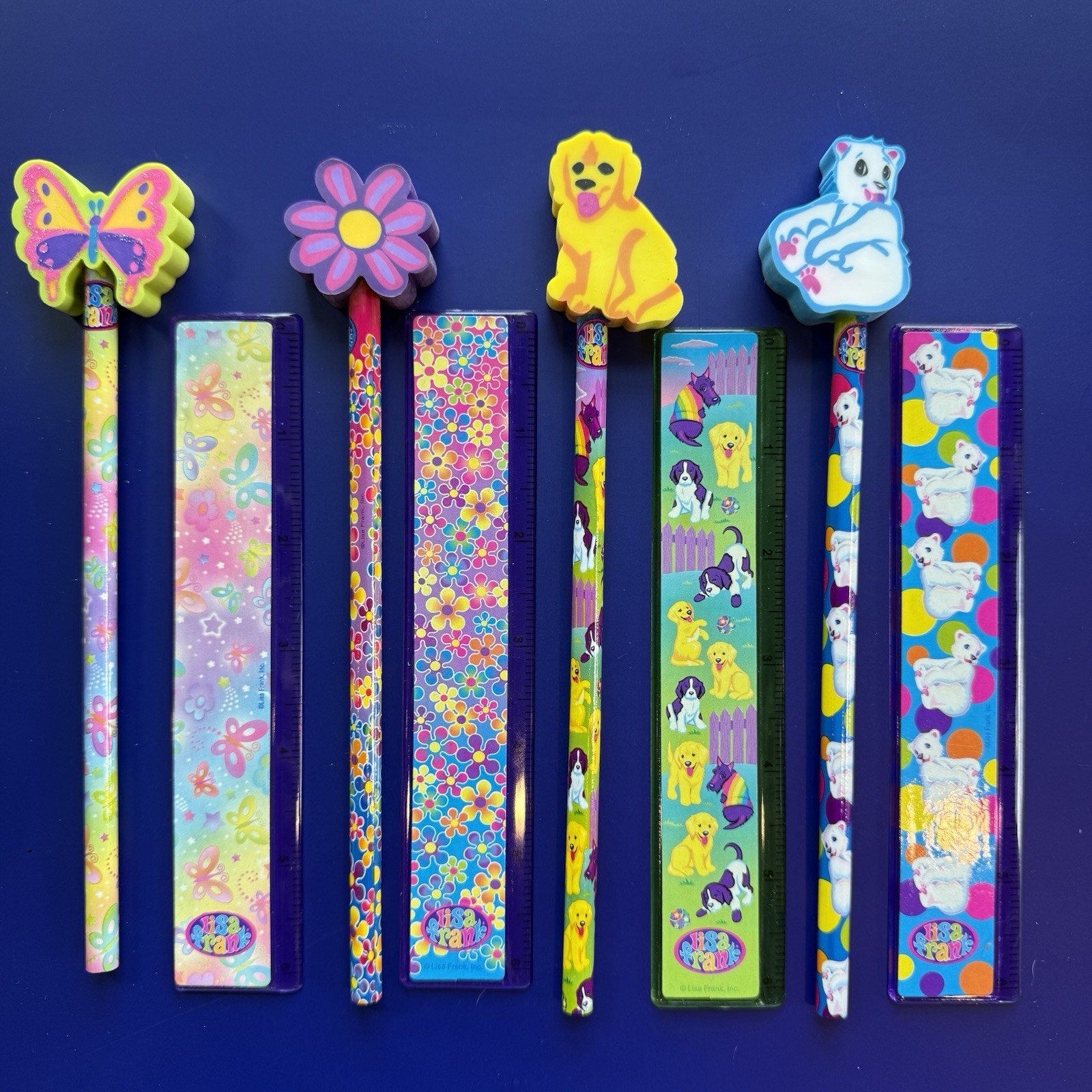 4 Vintage Lisa Frank Pencils W/ Eraser Toppers and Matching Rulers 90\'s NEW