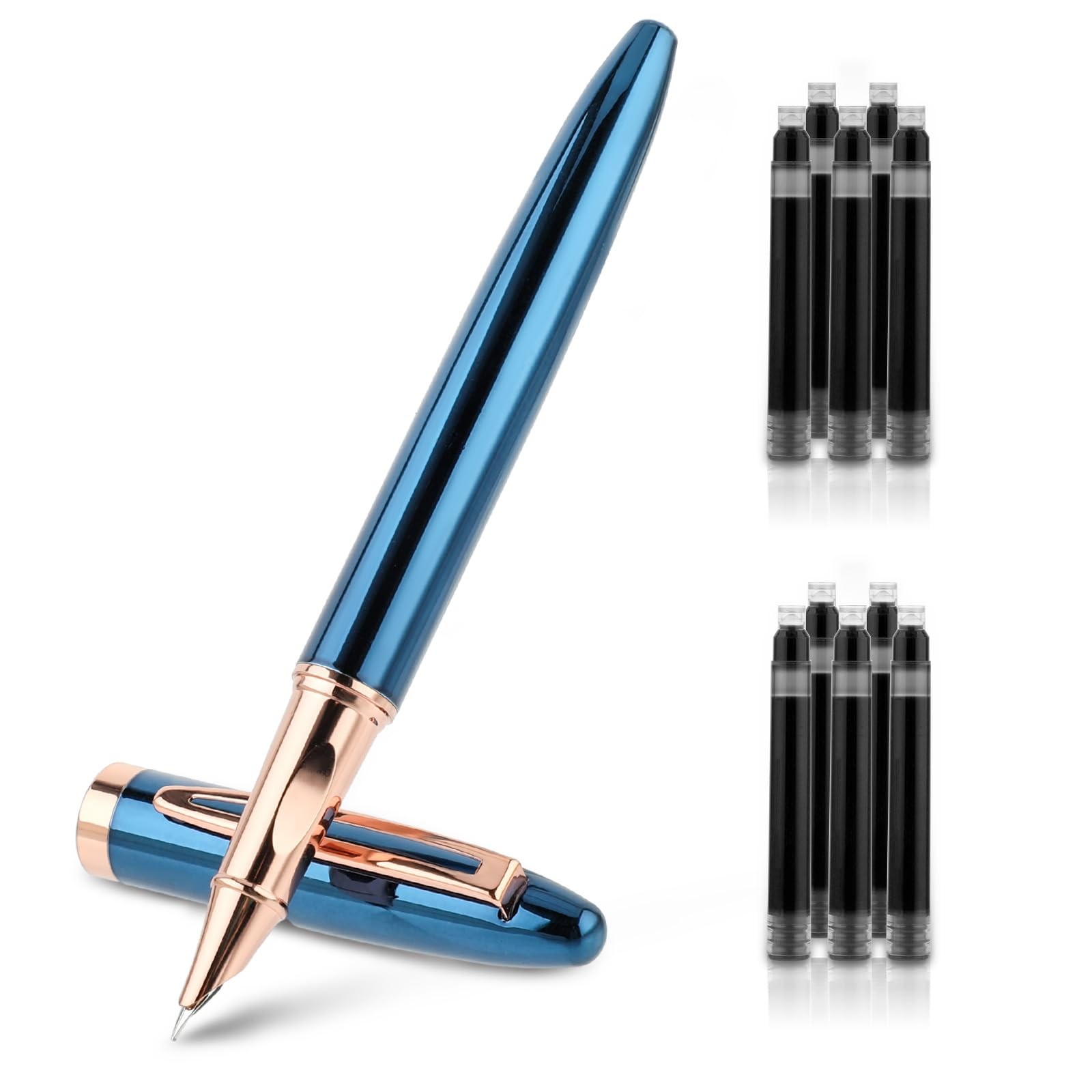 Amaxiu Metal Black Fountain Pen Set, 0.38mm Fine 1 Count (Pack of 1), Blue