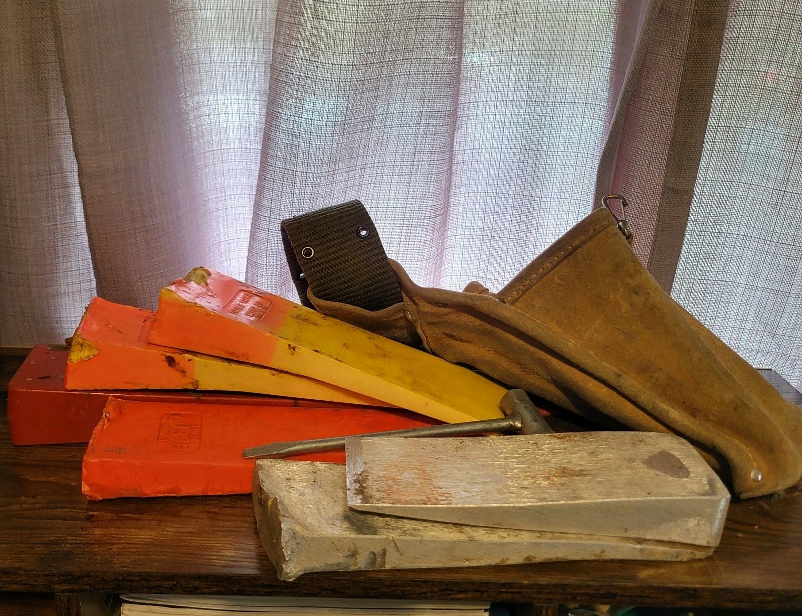 Vintage Logger Felling Wedge Lot Double Taper Hard Head Aluminum Leather Pouch