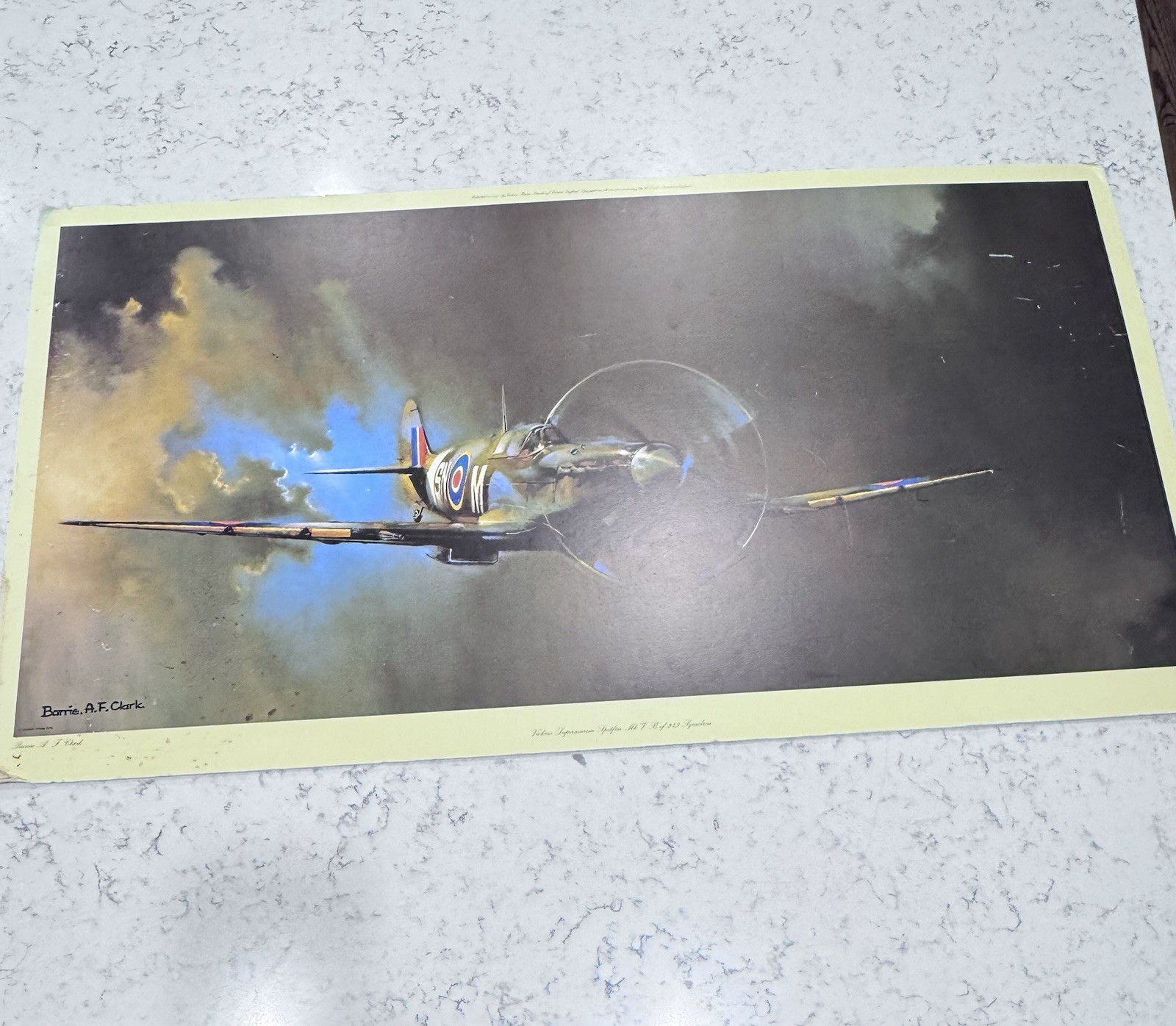 Vtg Spitfire Aviation Art Print by Barrie A.F. Clark RAF WWII Plane Poster Board