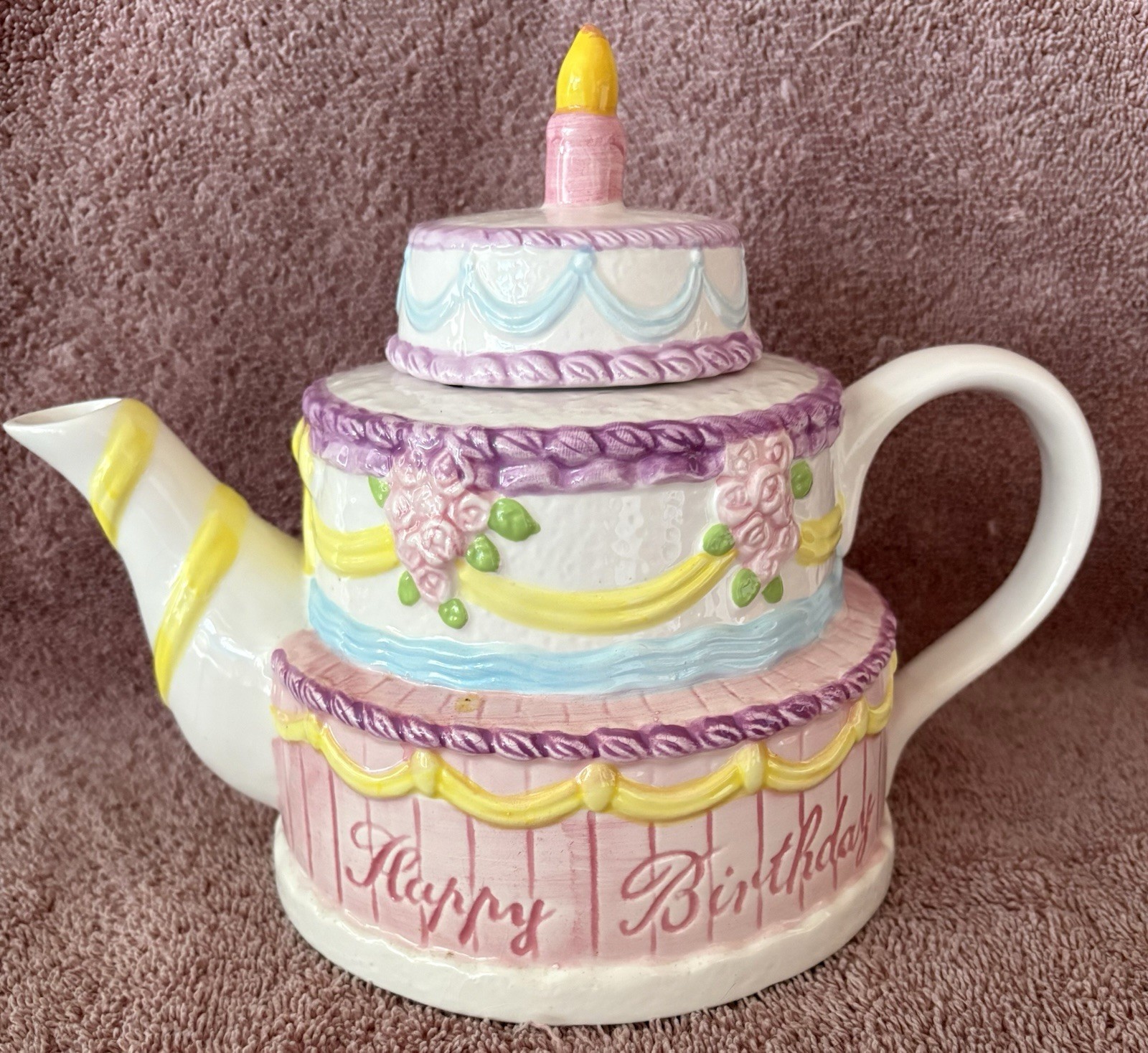Lillian Vernon Vintage Ceramic 9.5 inch Teapot Happy Birthday Layer Cake