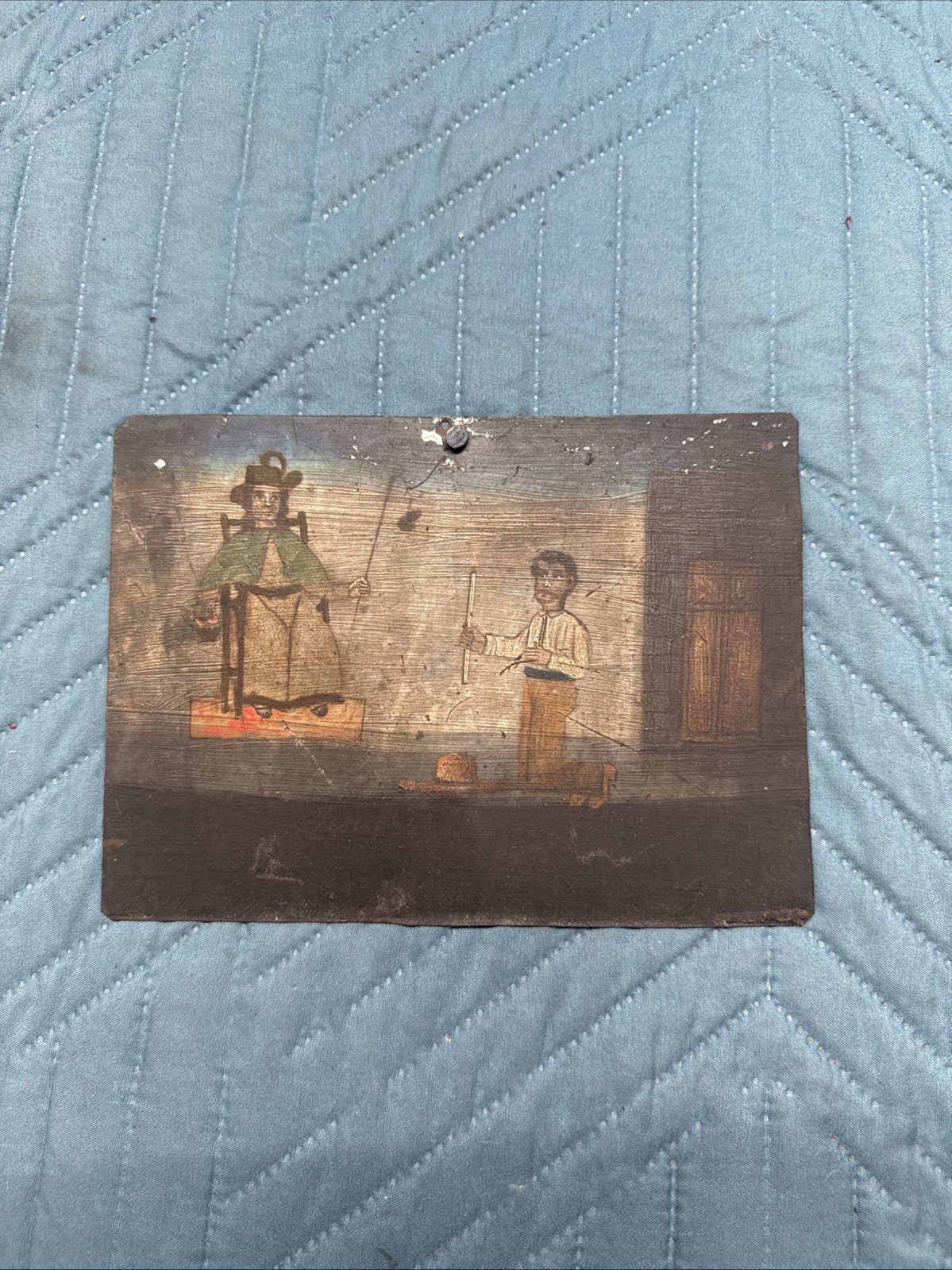 Vintage Folk Art Painted Metal Tin Plaque Figures Interior Scene 7x5