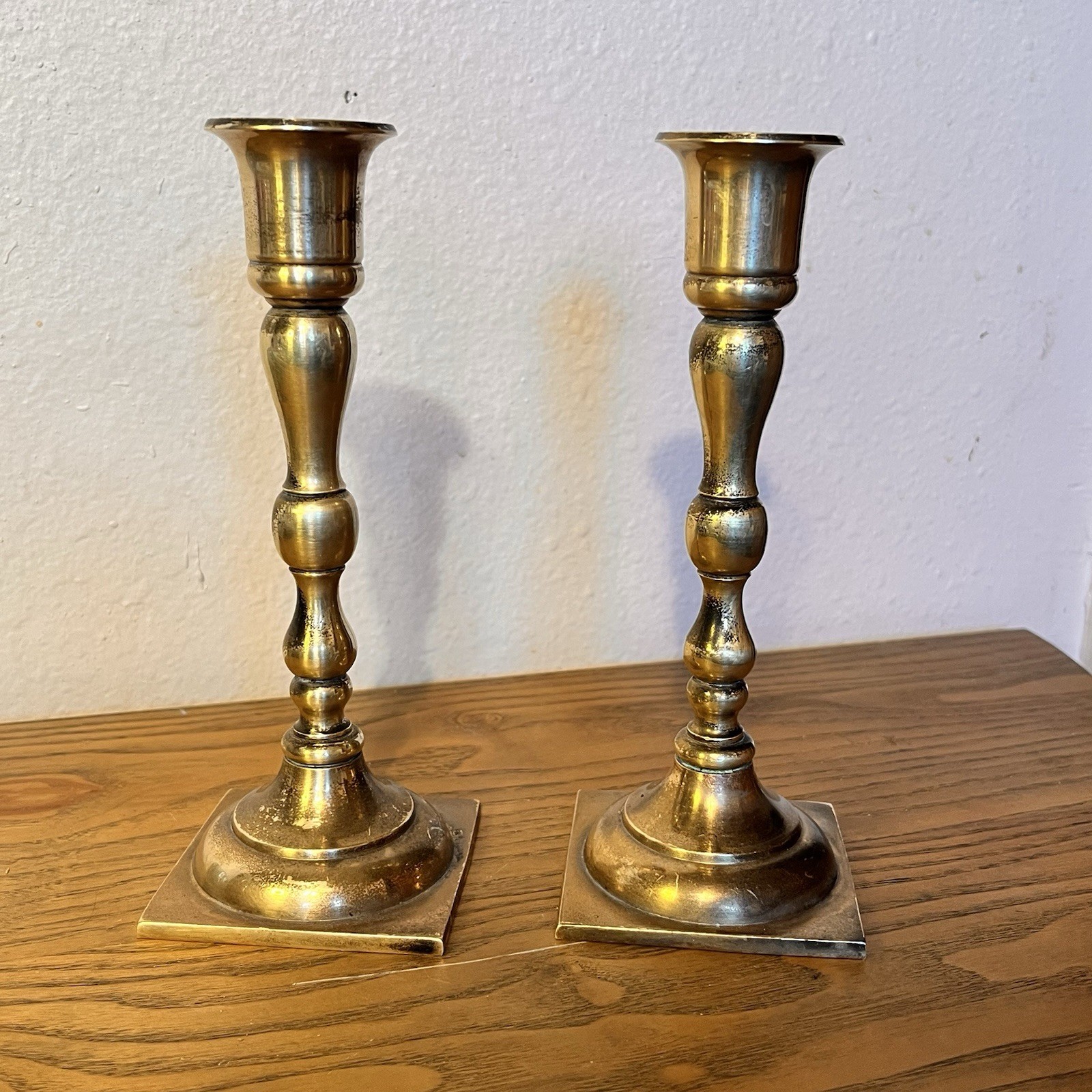 Pair Heavy Brass Candlestick Holders Square Base Vtg 7” Cottage Core
