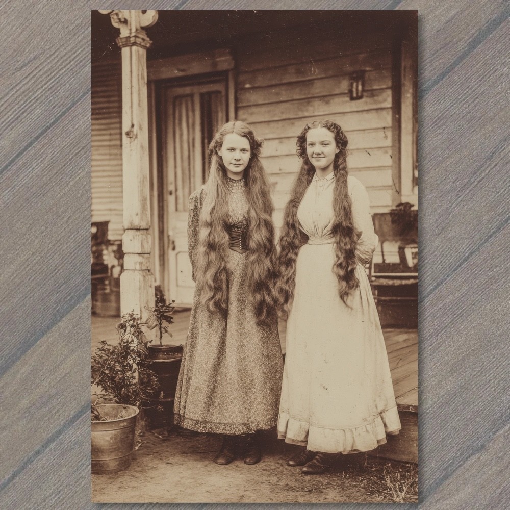 POSTCARD Two Women Long Hair Sepia Edwardian Dresses Rustic Porch Farmhouse POSTCARD Two Women Long Hair Sepia Edwardian Dresses Rustic Porch Farmhouse