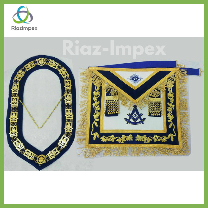 MASONIC PAST MASTER HAND EMBROIDERY APRON and CHAIN COLLAR