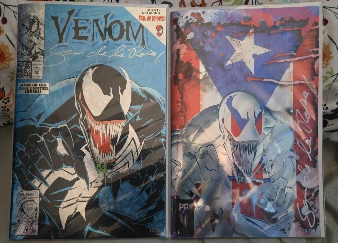 Very Rare Sam De La Rosa- Singed  PR Flag & Blue Crystal Foils From Puerto Rico