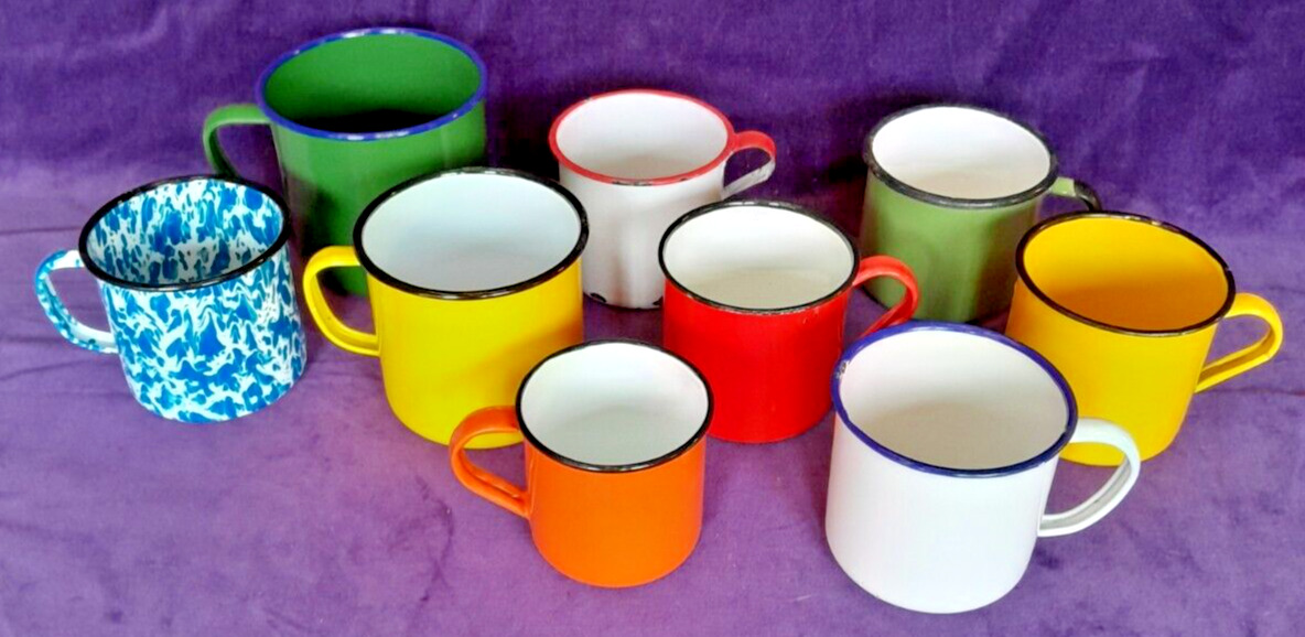 Lot of 9 Vintage Colorful Enamelware Mugs