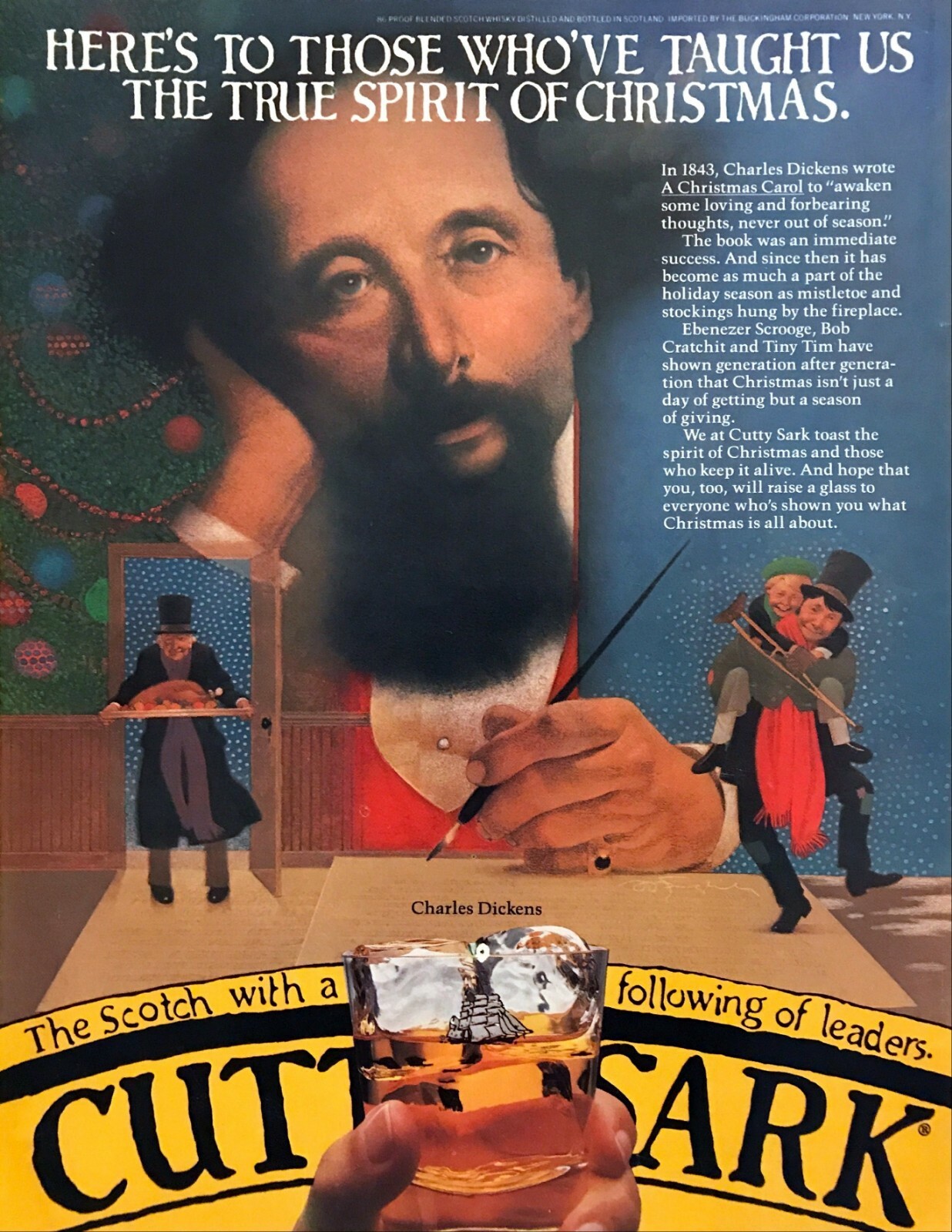 1981 Charles Dickens Bob Cratchit Tiny Tim portrait Cutty Sark vintage print ad