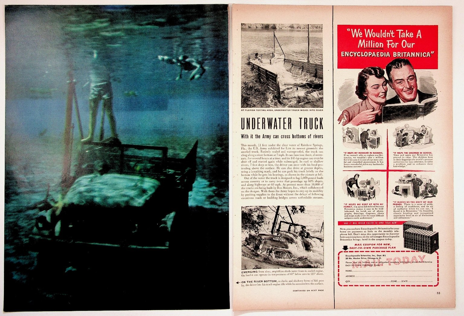 Vintage 1940s Heublein\'s Cocktails Ad Britannica Underwater Truck Diver WWII Era