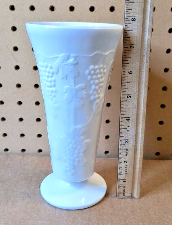 Vintage Indiana Milk Glass Footed Vase, Colony Harvest Grape Design 7.5\