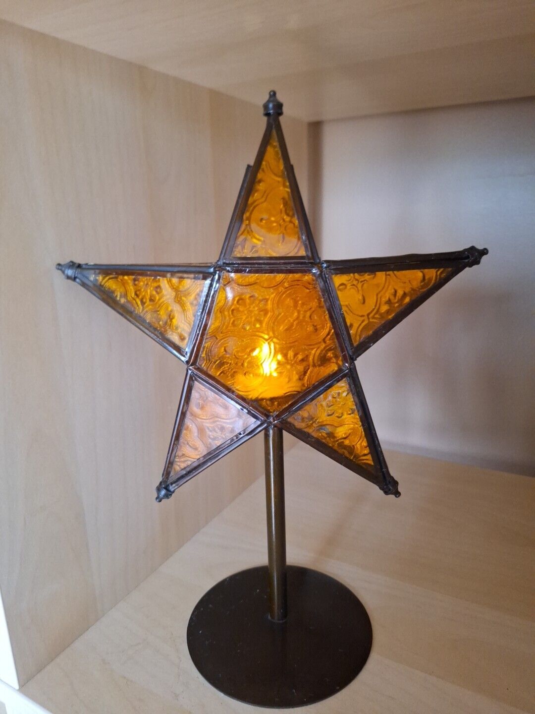 Moravian Stamped Glass Star Shaped Tea Light Candle Holder- Amber/Orange