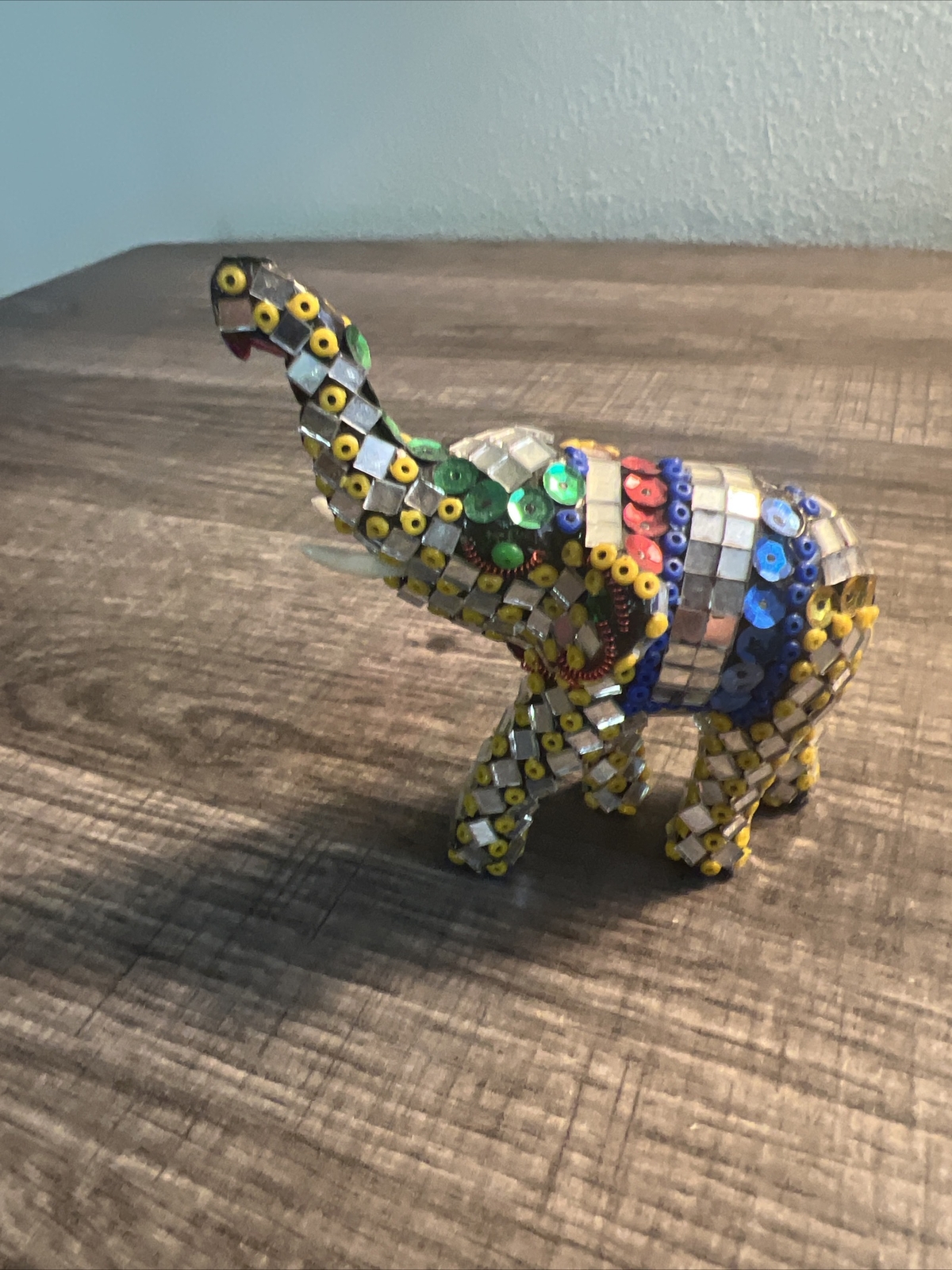 NEAT OLDER ELEPHANT FIGURINE DECORATED WITH MIRRORS BEADS SEQUINS