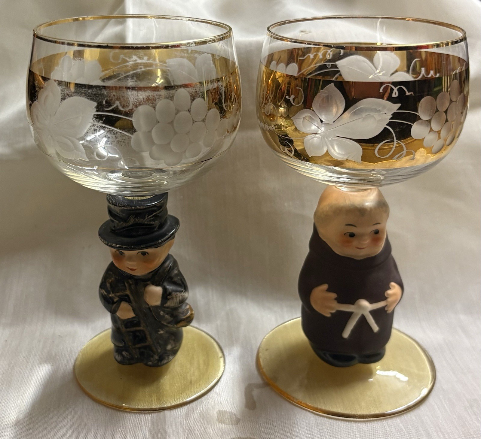 Vintage Goebel West Germany Figural Wine Goblets Pair Friar Tuck & Chimney Sweep