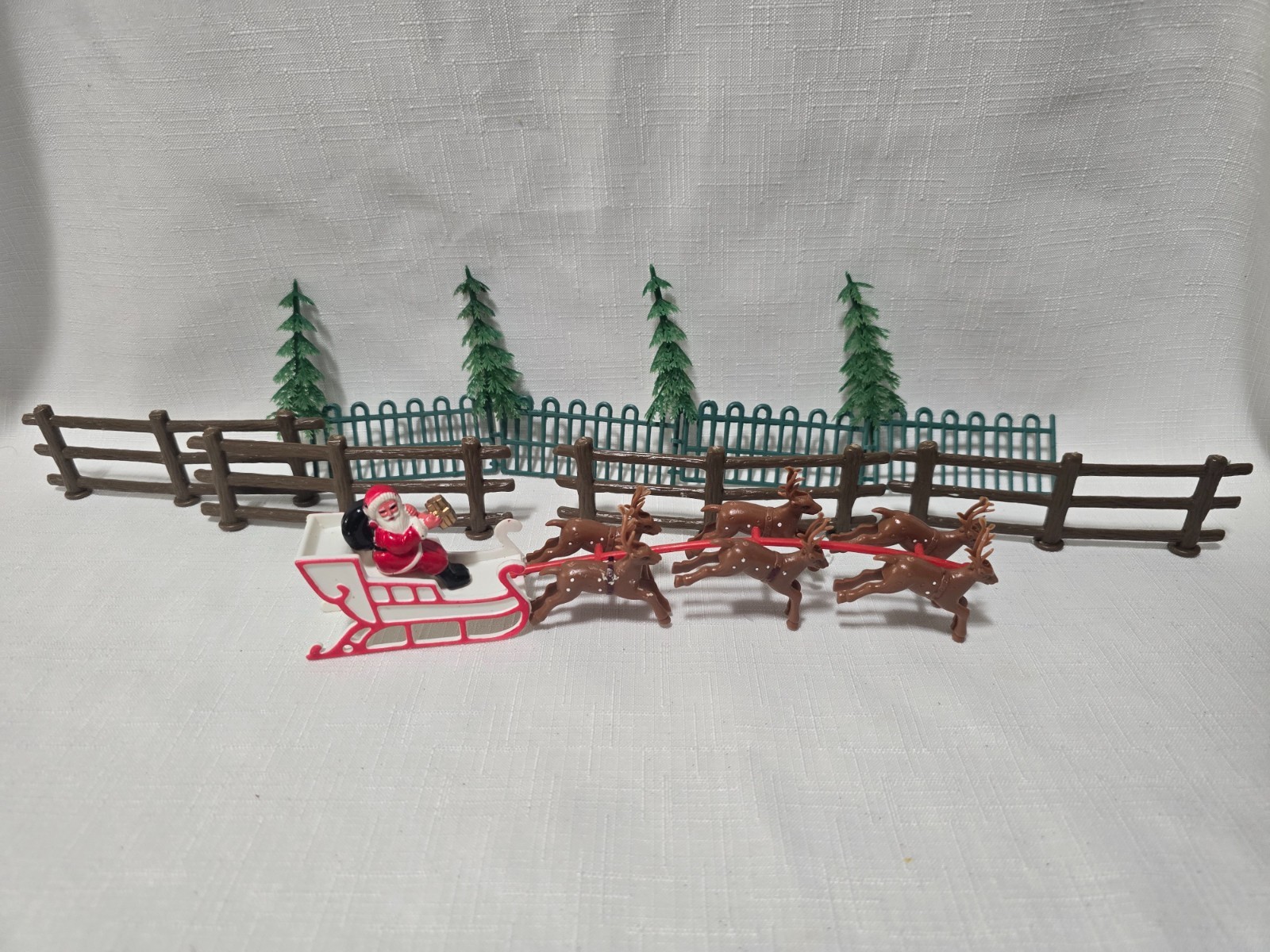 Vintage Santa Sleigh 6 Reindeer Trees & Fence Decorations