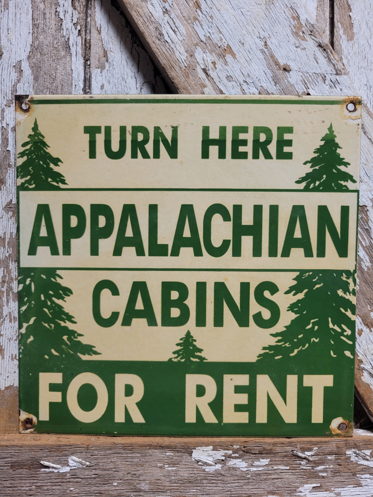 VINTAGE APPALACHIAN TRAIL LODGE PORCELAIN SIGN OLD CABIN FOR RENT SMOKY NAT PARK