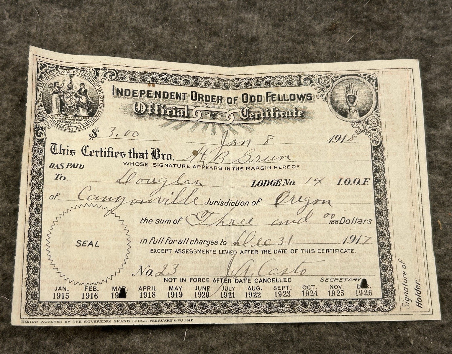1918 Vintage IOOF Odd Fellows Official Dues Certificate Canyonville Oregon OR