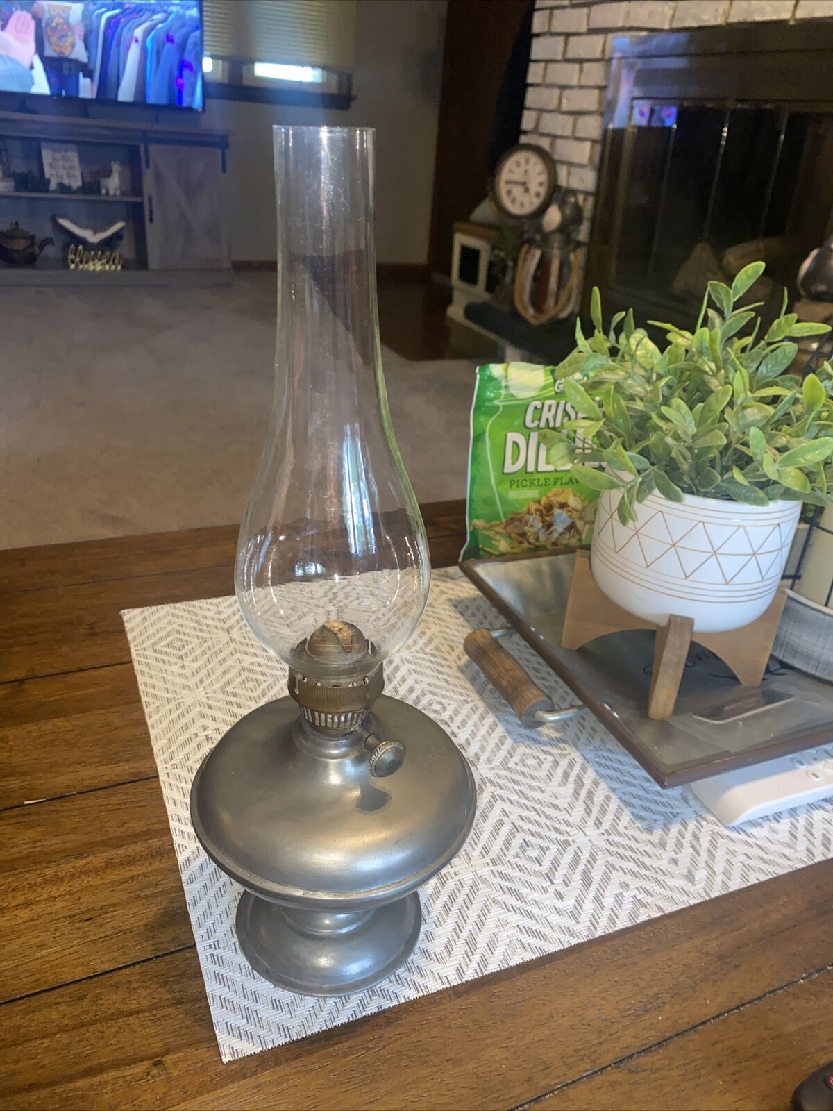 Vintage Pure Pewter Oil Lamp W/glass Shade