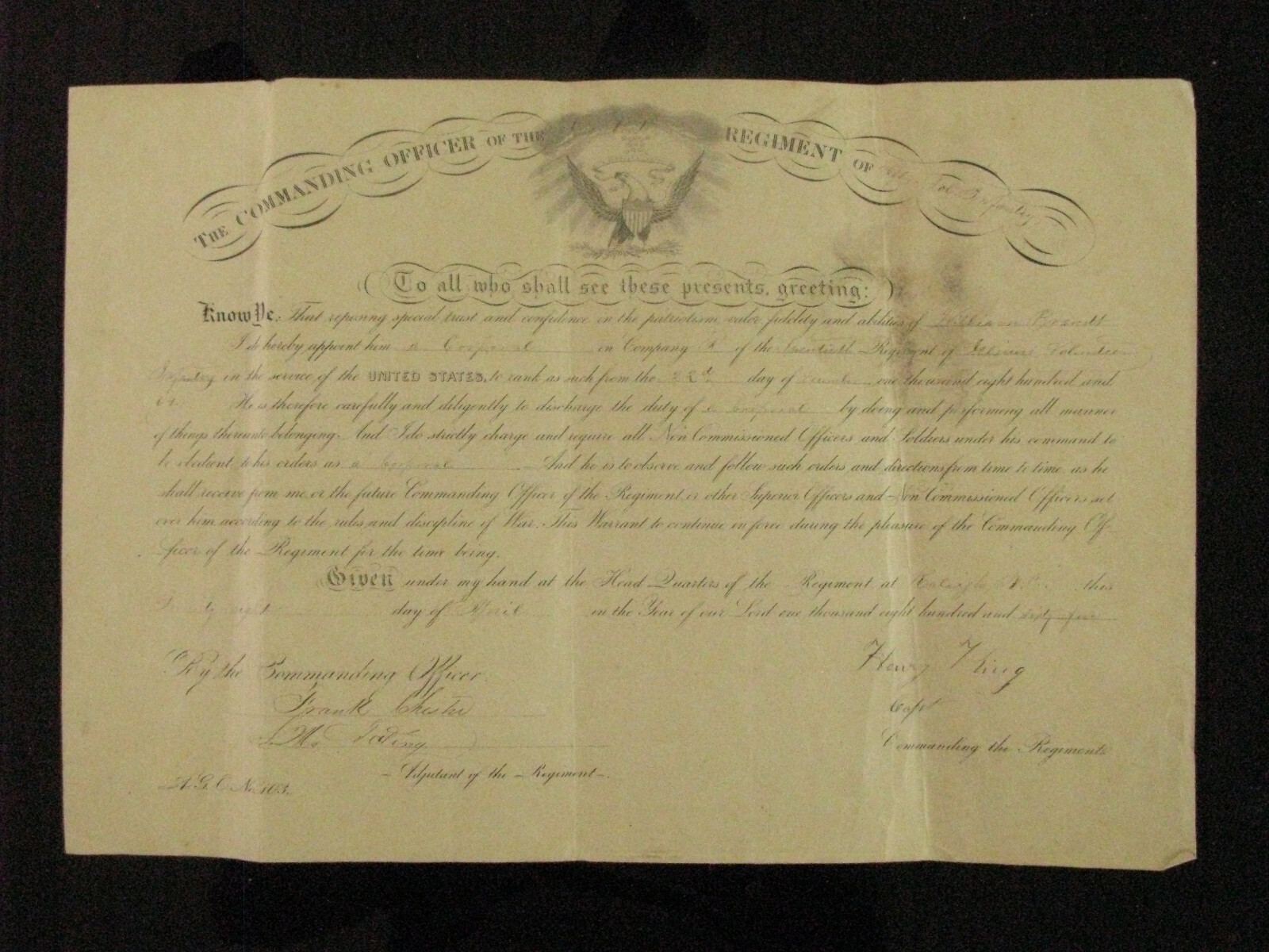 CIVIL WAR  RALEIGH NORTH CAROLINA SURRENDER UNION  OFFICER COMMISSION