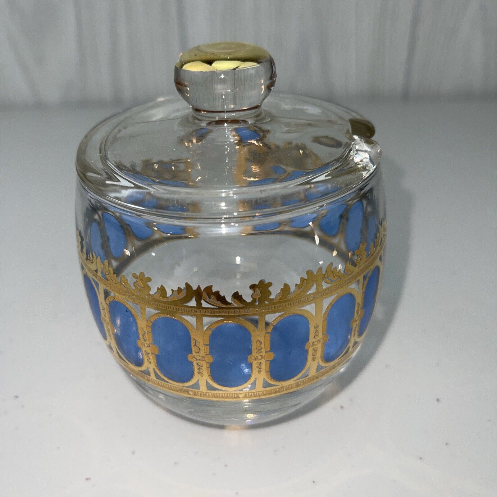 Vintage Culver Azure Blue Mid Century Lidded Condiment Jar Gold Scroll Accent
