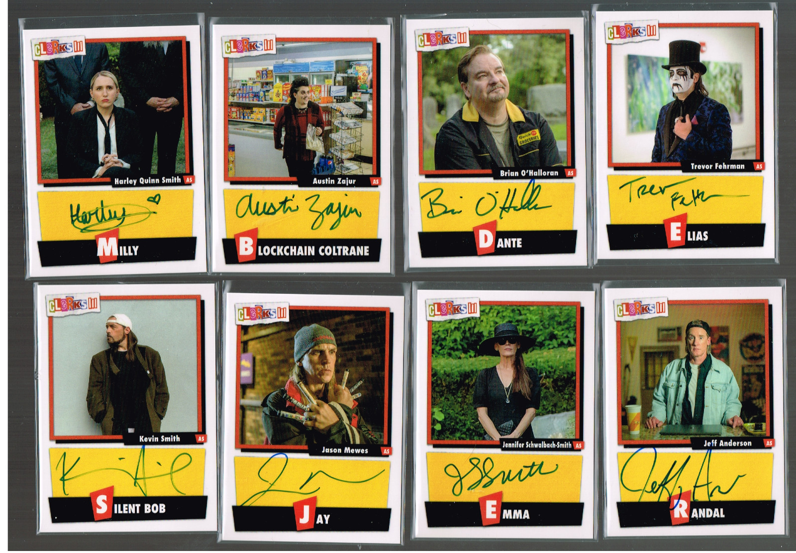 2022 Zerocool Clerks 3 White Bordered Autograph Set of 8 - Kevin Smith, Mewes +