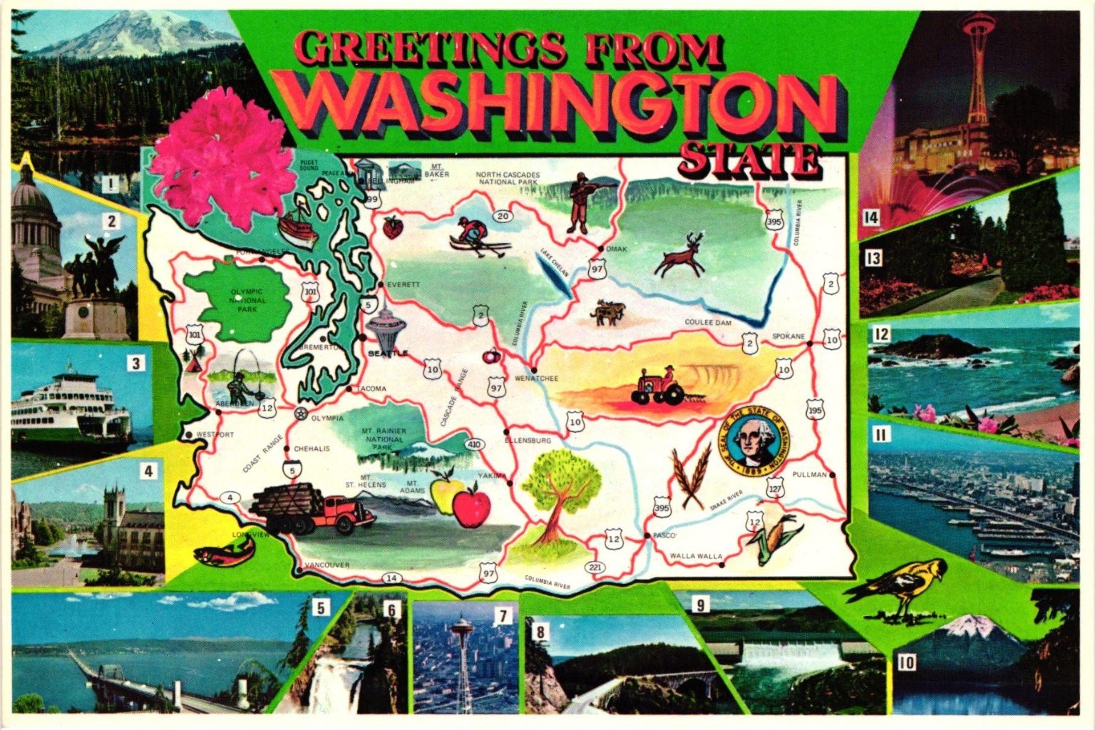 Greetings From Washington State Map Postcard Vintage Multi-View Seattle Space