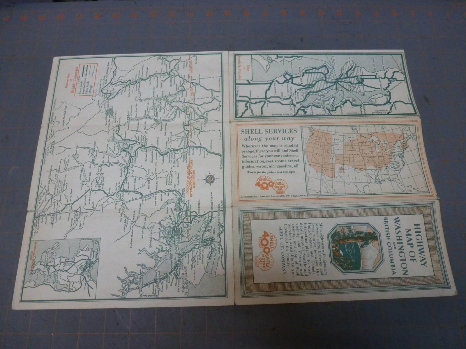 1929 Shell 400 Oil Highway Map Of Washington State & British Columbia *Pre-i5*
