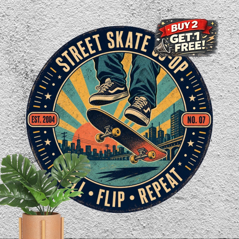 Skater Silhouette Street Skateboarding Tin Sign Round Action Sports Plaque 8x8