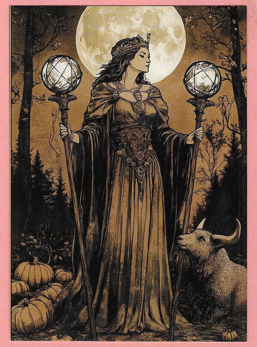 Vintage Inspired Halloween Postcard, druid, moon, pumpkins, beast - Unposted