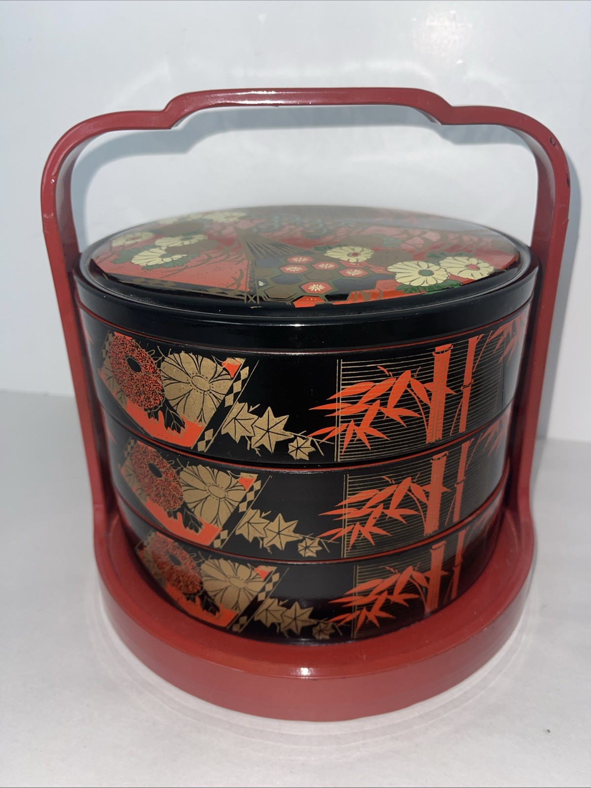 Vintage Japanese Jubako 3 Tier Bento Box Lacquerware Black Red Gold Read