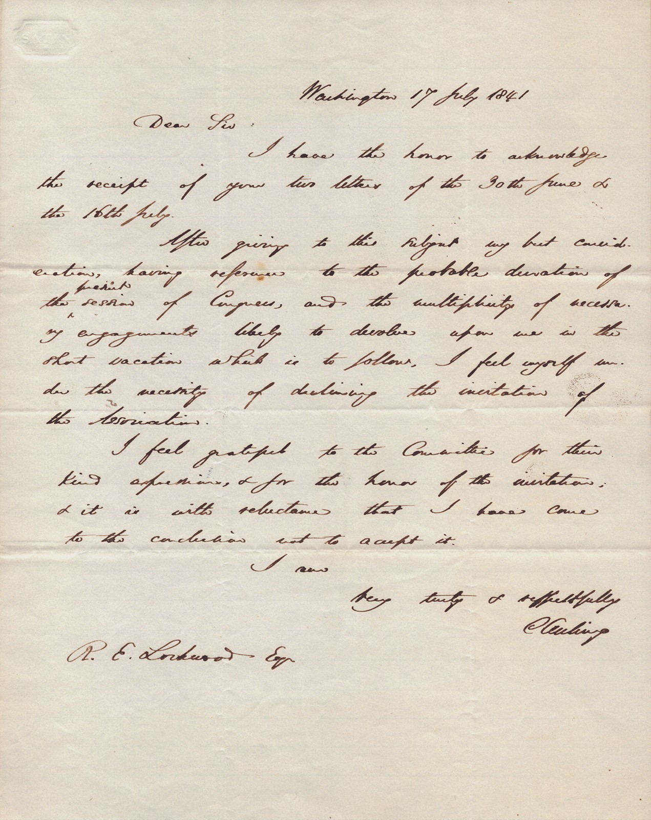 CALEB CUSHING - AUTOGRAPH LETTER SIGNED 07/17/1841