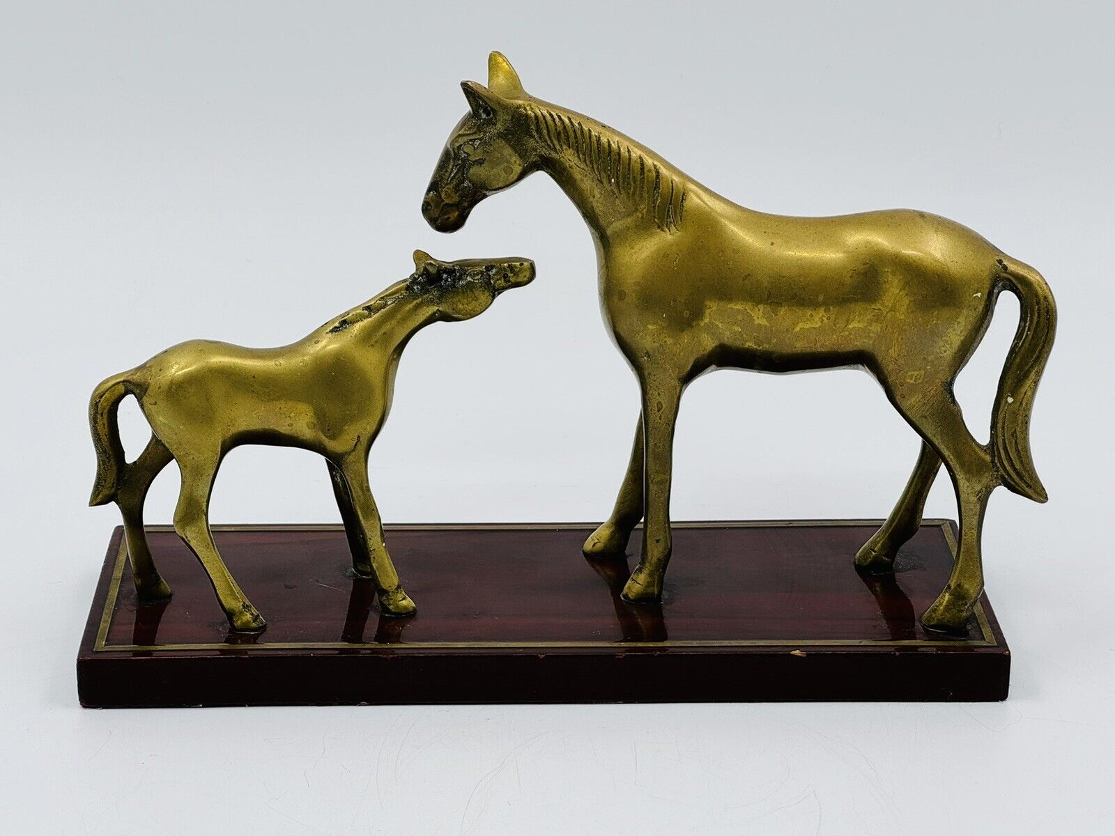 Vintage Solid Brass Horse and Foal On Wooden Plinth Collectable Equestrian