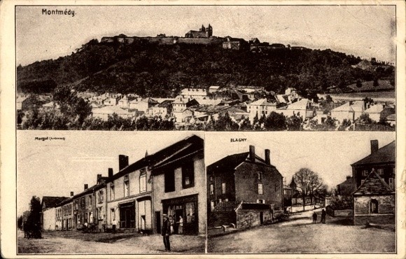 Postcard Montmédy Ardennes, Blagny, Margut, total view, fortress, shops - 5124165