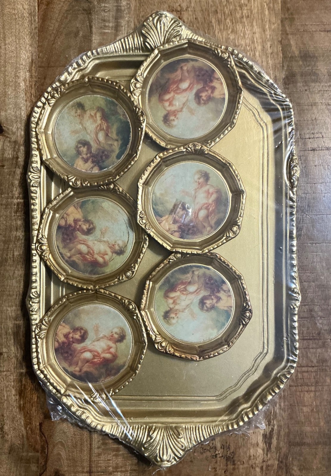 6 Vintage Italian Florentine Gold Gilt Coasters with Tray, Sealed
